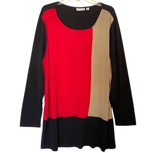 Susan Graver Colorblock Liquid Knit Tunic Womens Size 3X Black Tan & Red Top